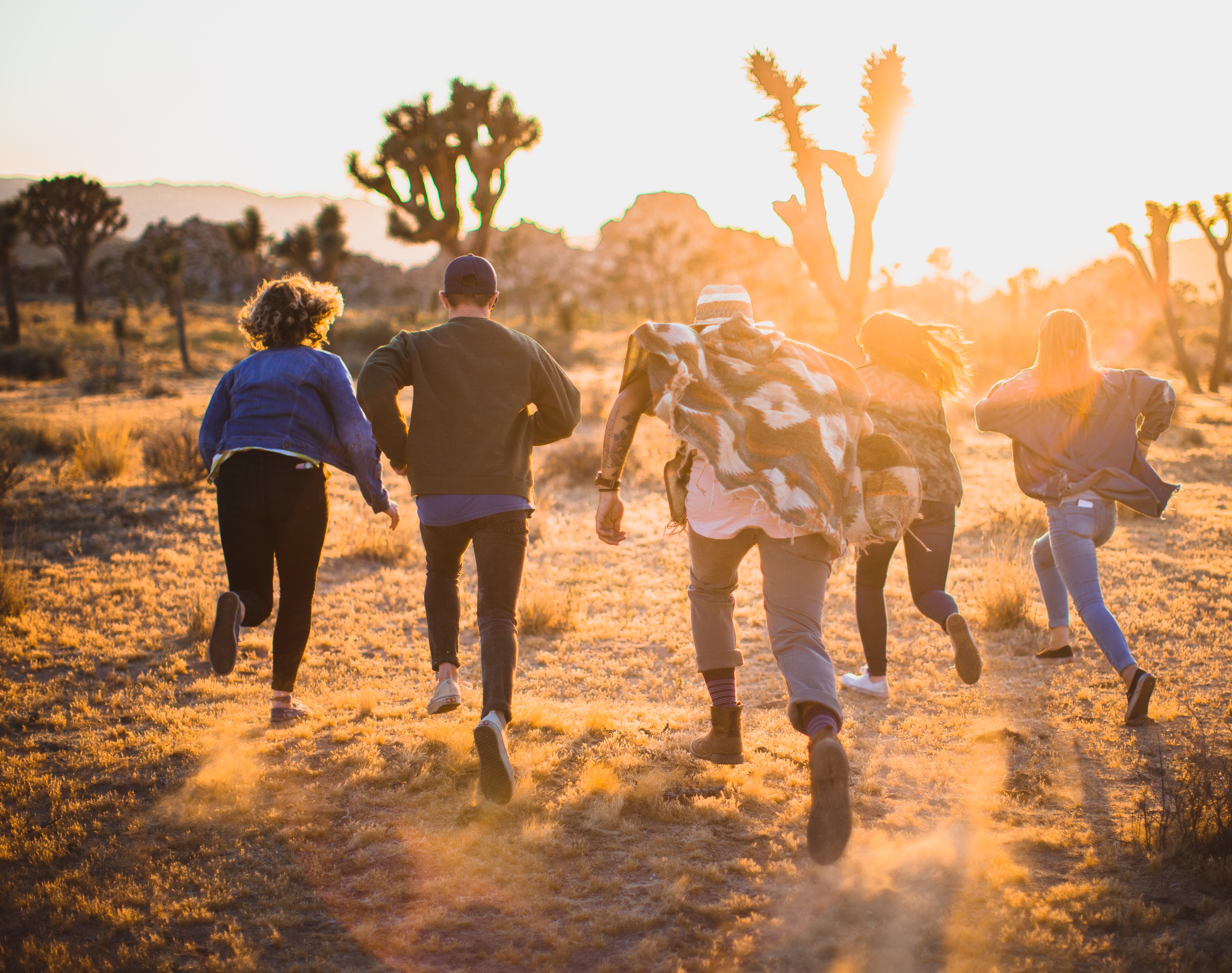 A group of people with their backs to us are running away in a desert like landscape