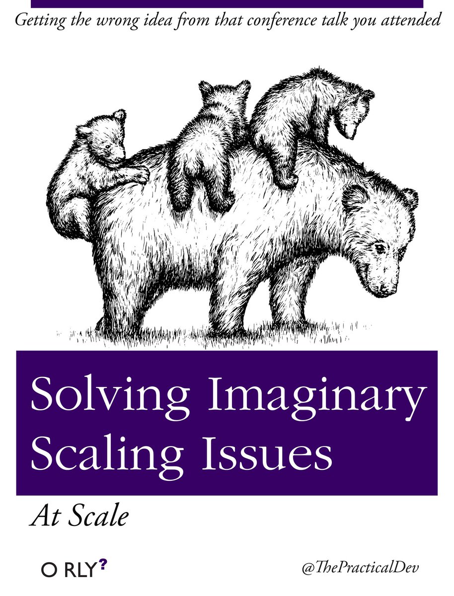 Three cubs on a mommy bear over a text box which says “solving imaginary scaling issues, at scale”