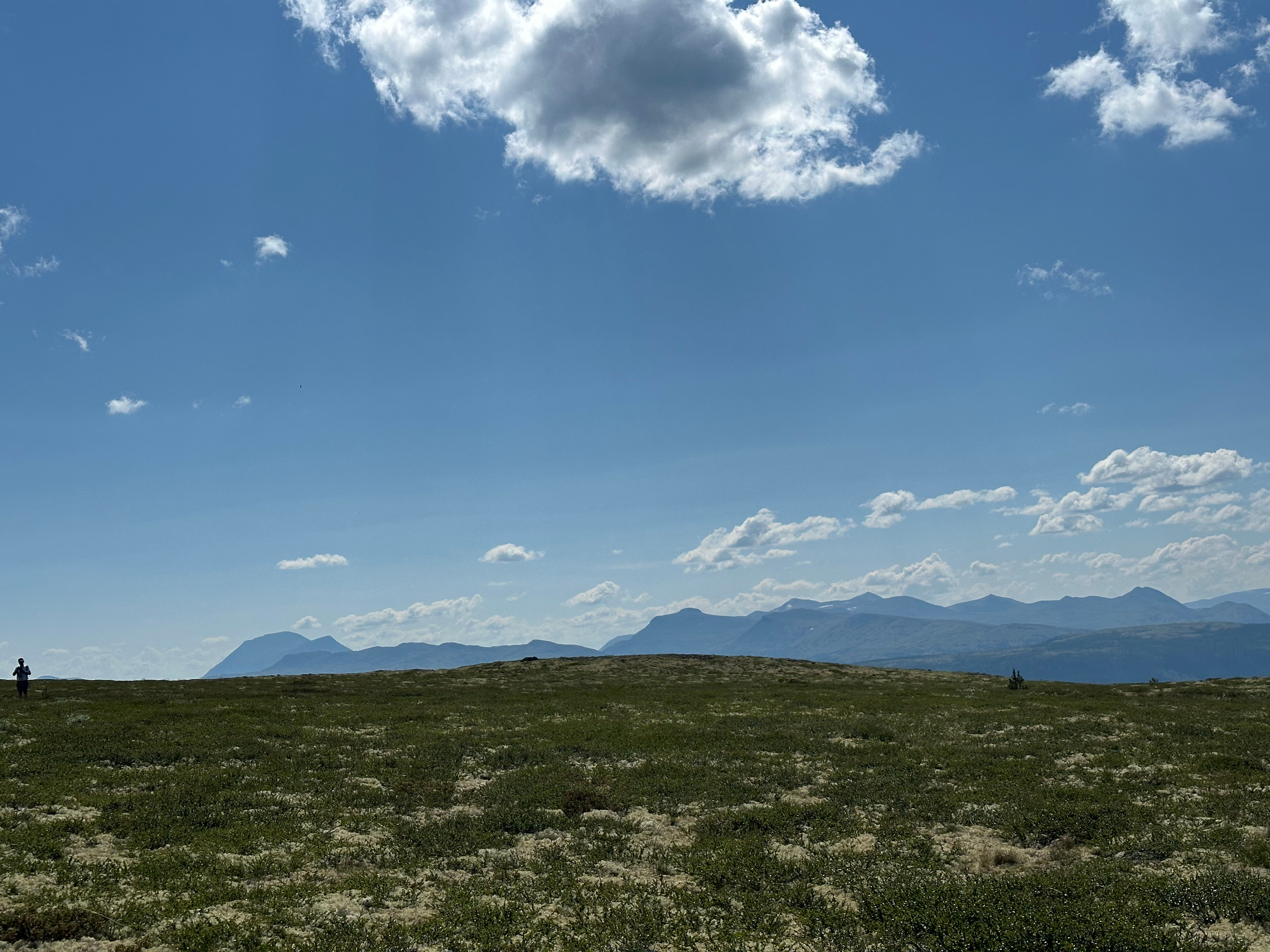 A picture taken from a long distance of the mountain range Rondane. There are some clouds, but it is a beauityful summer day. The sky is blue, and the ground is green.