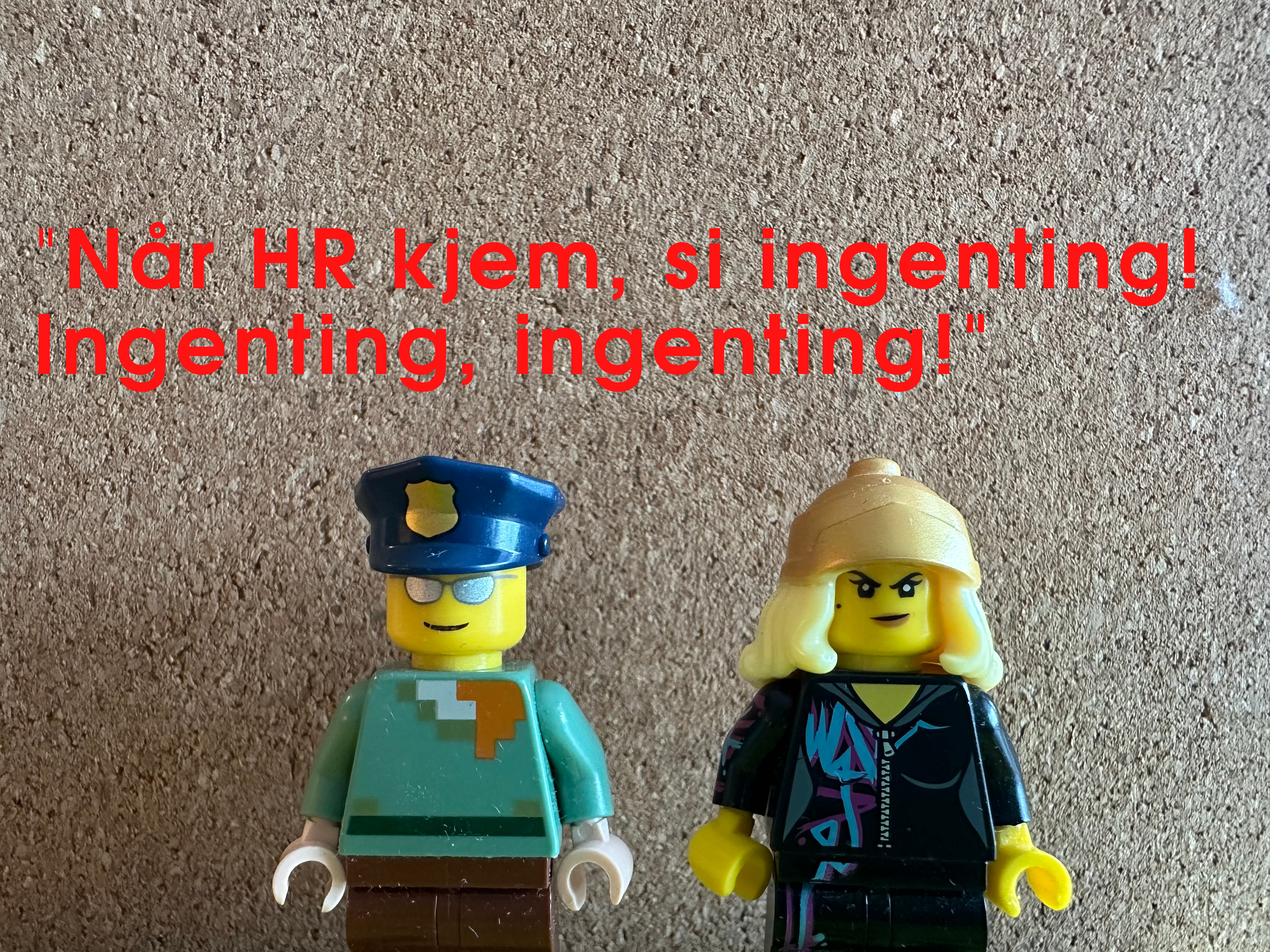 Two lego figures laying next to one another on a flat surface. One is wearing a police hat and a Minecraft jersey. The other has a beanie and long blond hair, dressed in a black hoodie with paint spots